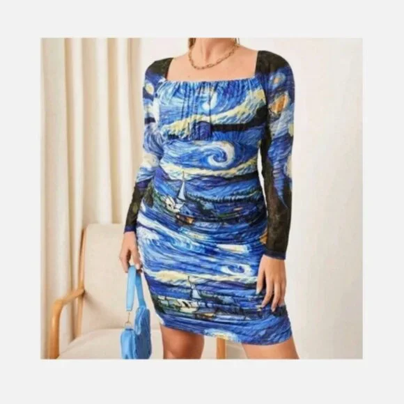 Shein Starry Night Long Sleeve Dress with Ruching Size 2XL - Picture 1 of 3
